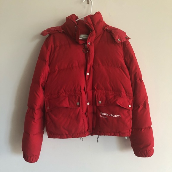 off white red down jacket